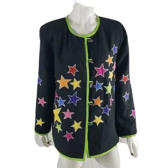Indigo Moon Vintage Jacket Embroidered Stars Toggle Button Black Green - Picture 1 of 8